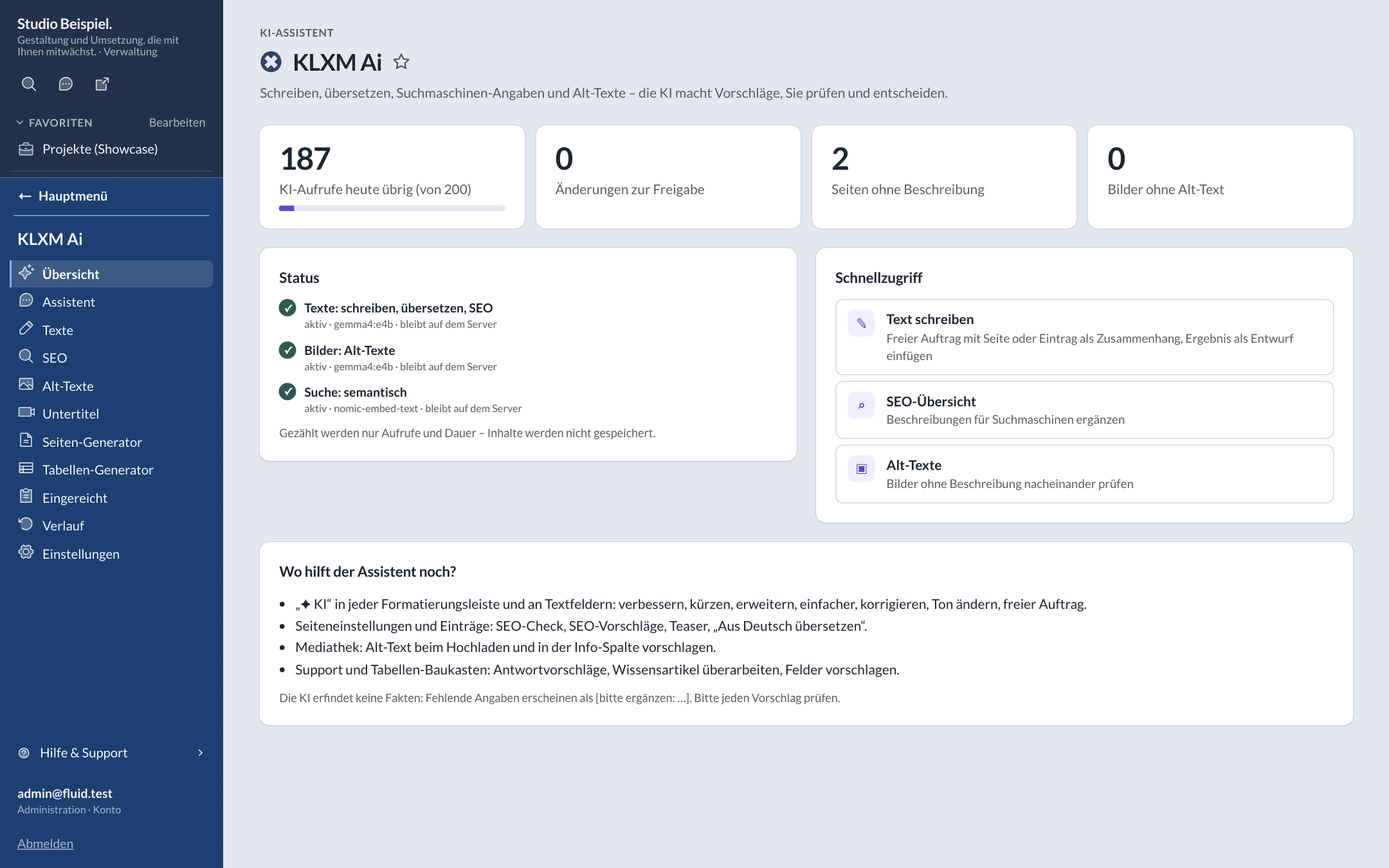 Übersicht „KLXM Ai“: verbleibende KI-Aufrufe, Änderungen zur Freigabe, Status der lokalen Modelle und Schnellzugriffe für Texte, SEO und Alt-Texte