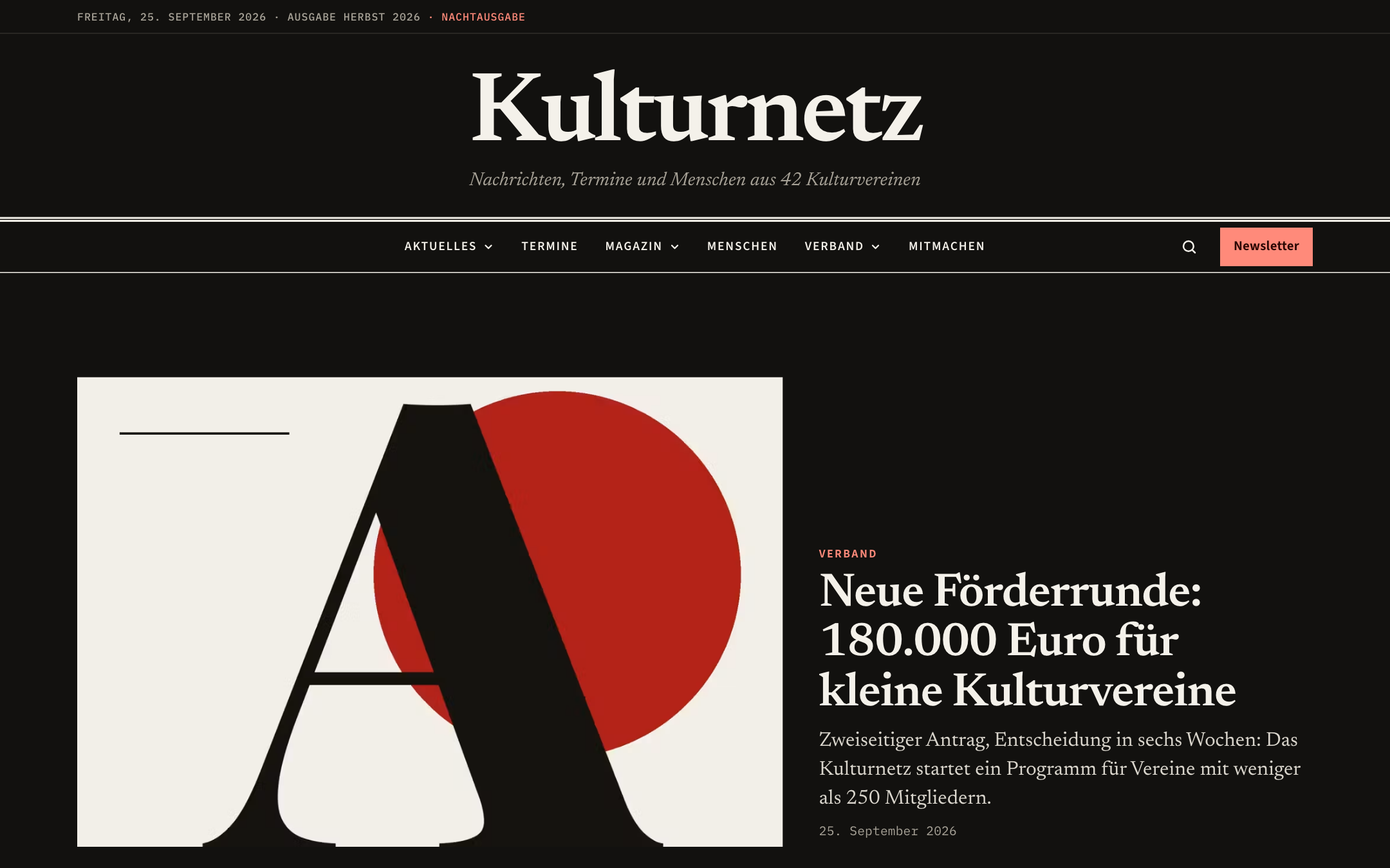 The “Editorial” kit in its dark colour scheme with a light masthead on black
