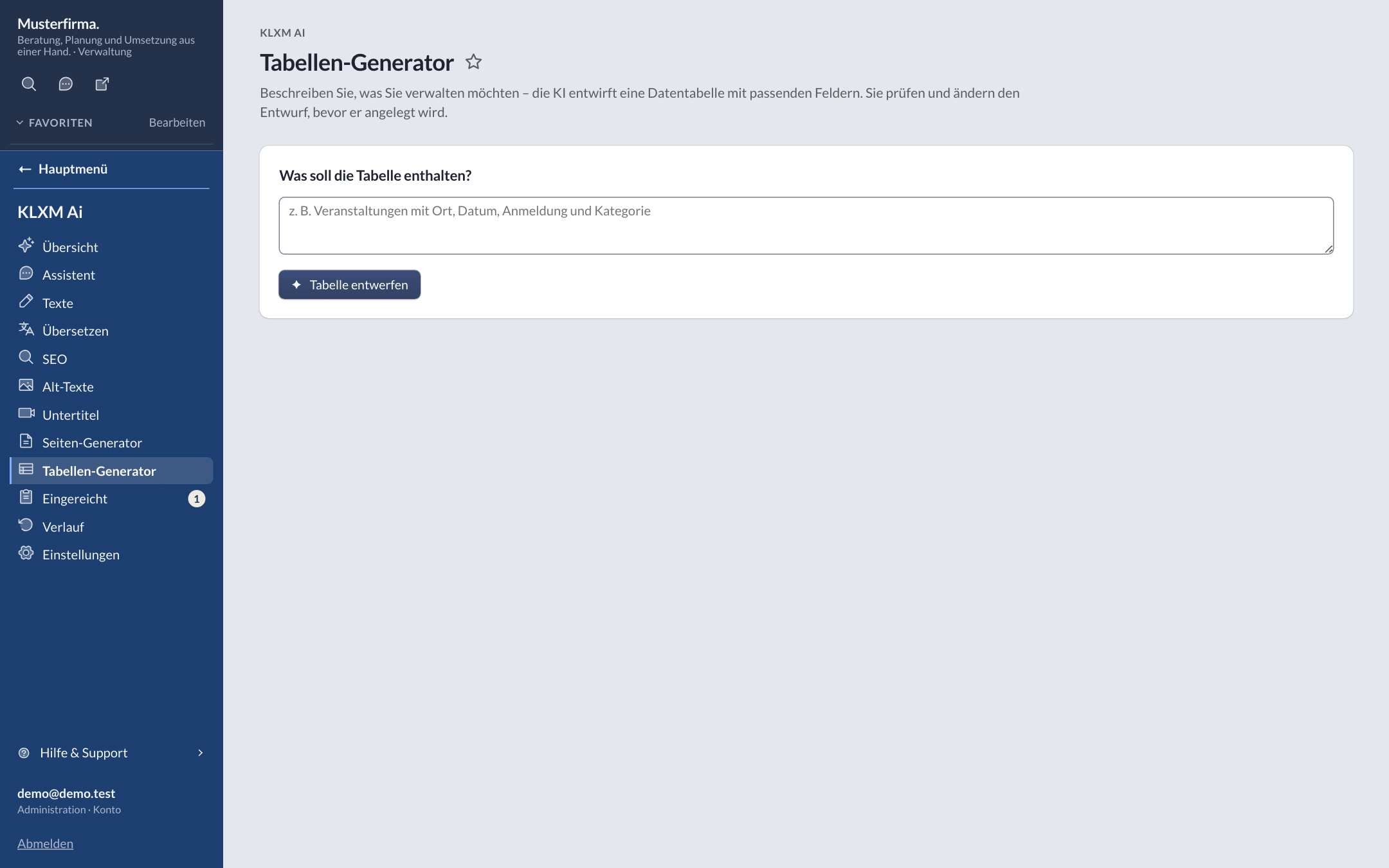 Tabellen-Generator: Eingabefeld „Was soll die Tabelle enthalten?“ mit Beispieltext