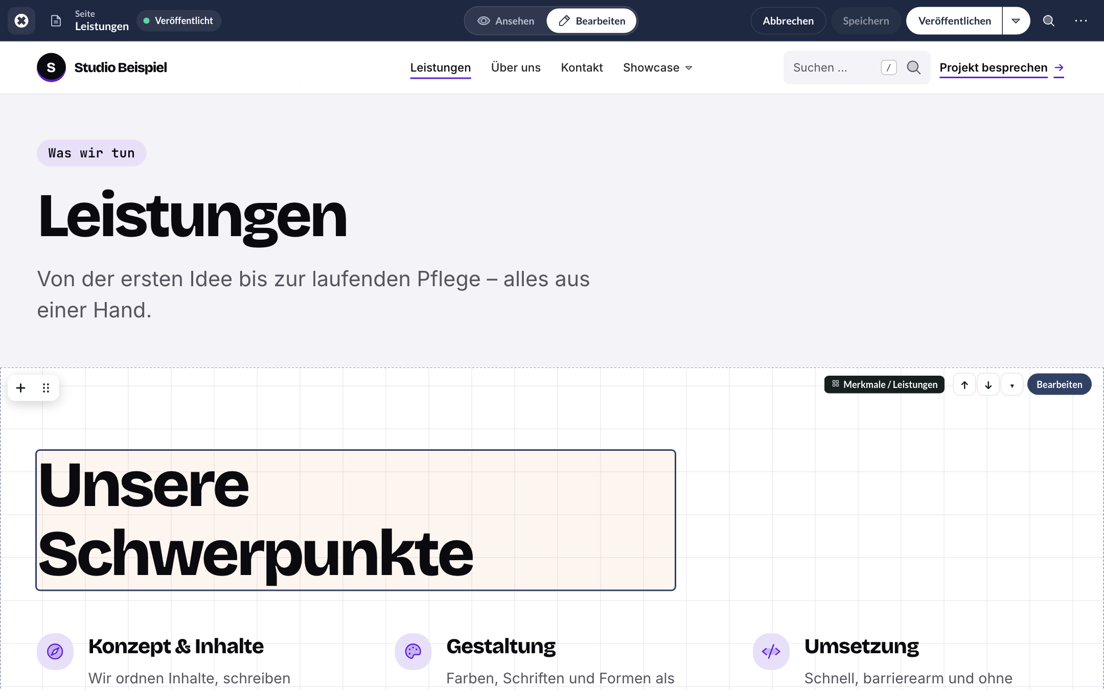 Bearbeiten-Modus auf der Seite „Leistungen“: markierte Überschrift „Unsere Schwerpunkte“ mit Block-Leiste zum Verschieben und Bearbeiten
